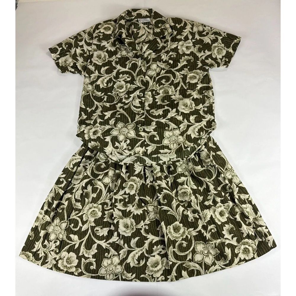 Vtg Cristin Stevens Womens Sz L Set Button Up Skirt USA Made Green Floral Preppy